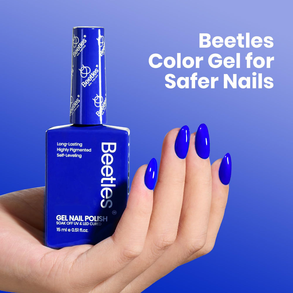 Beetles Royal Blue gel polish on nail swatch demonstrates smooth application and even color