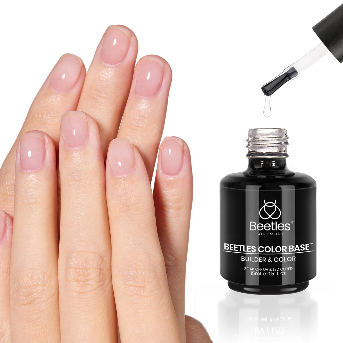 Beetles Rubber Base 15ml bottle close-up showing a strong nail base for durability.