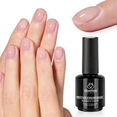 Beetles Rubber Base Builder bottle close-up showing clear base for nail strengthening