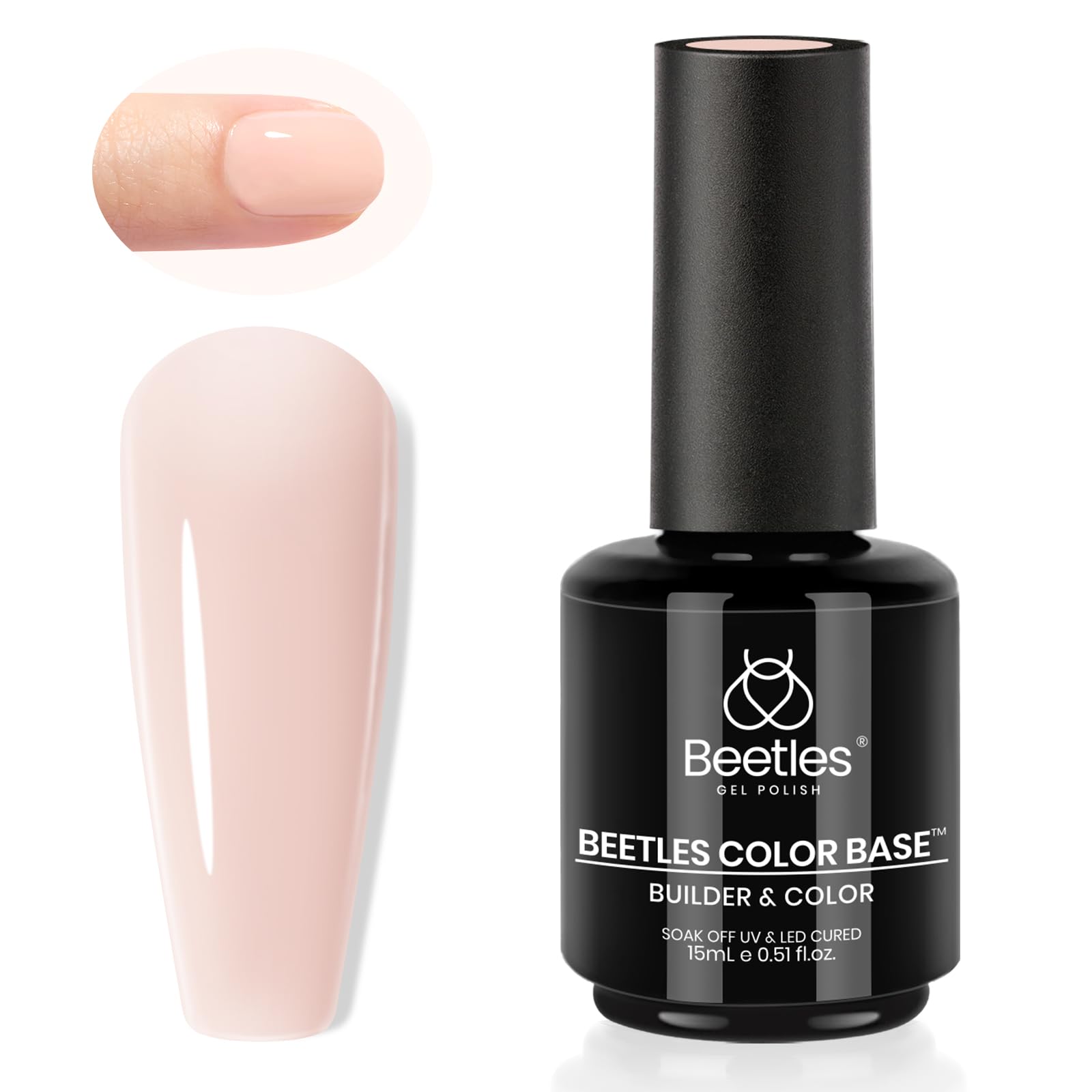 Beetles Rubber Base Gel bottle close-up showing smooth self-leveling formula.