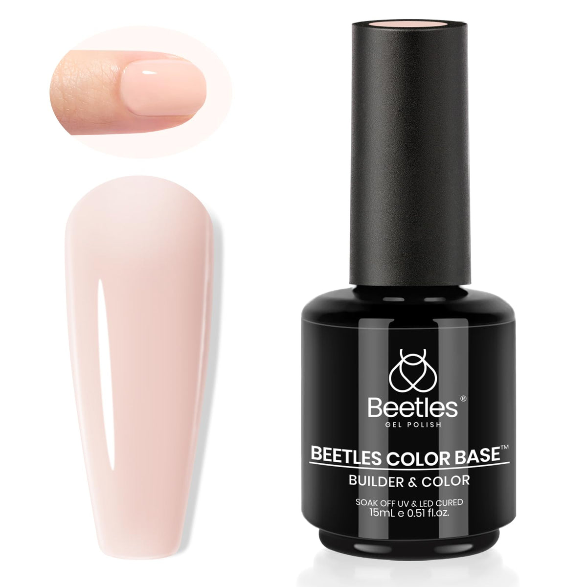 Beetles Rubber Base Gel bottle close-up showing smooth self-leveling formula.