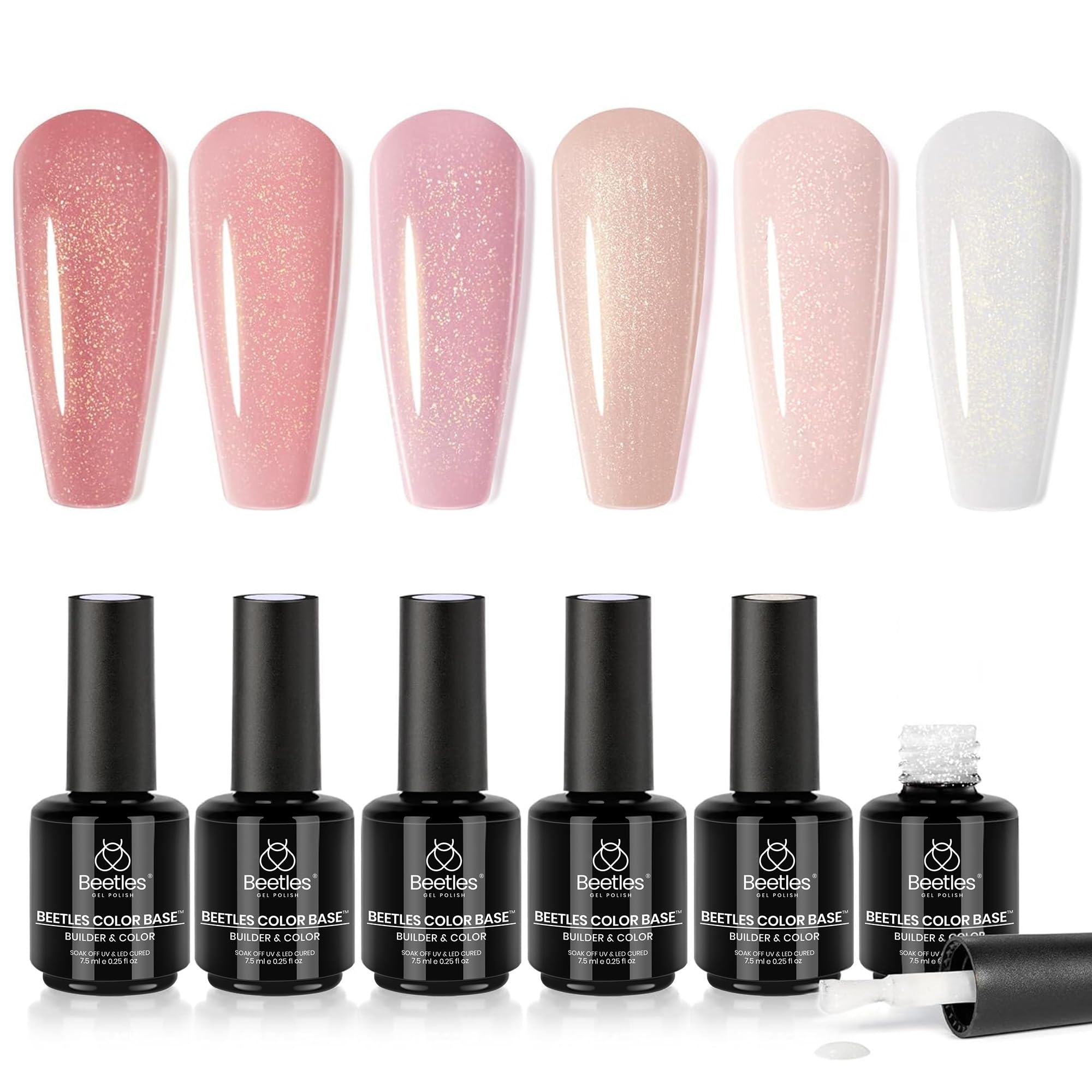 Beetles Rubber Base Gel bottle with glitter nude pink finish for smooth, strengthened nails.