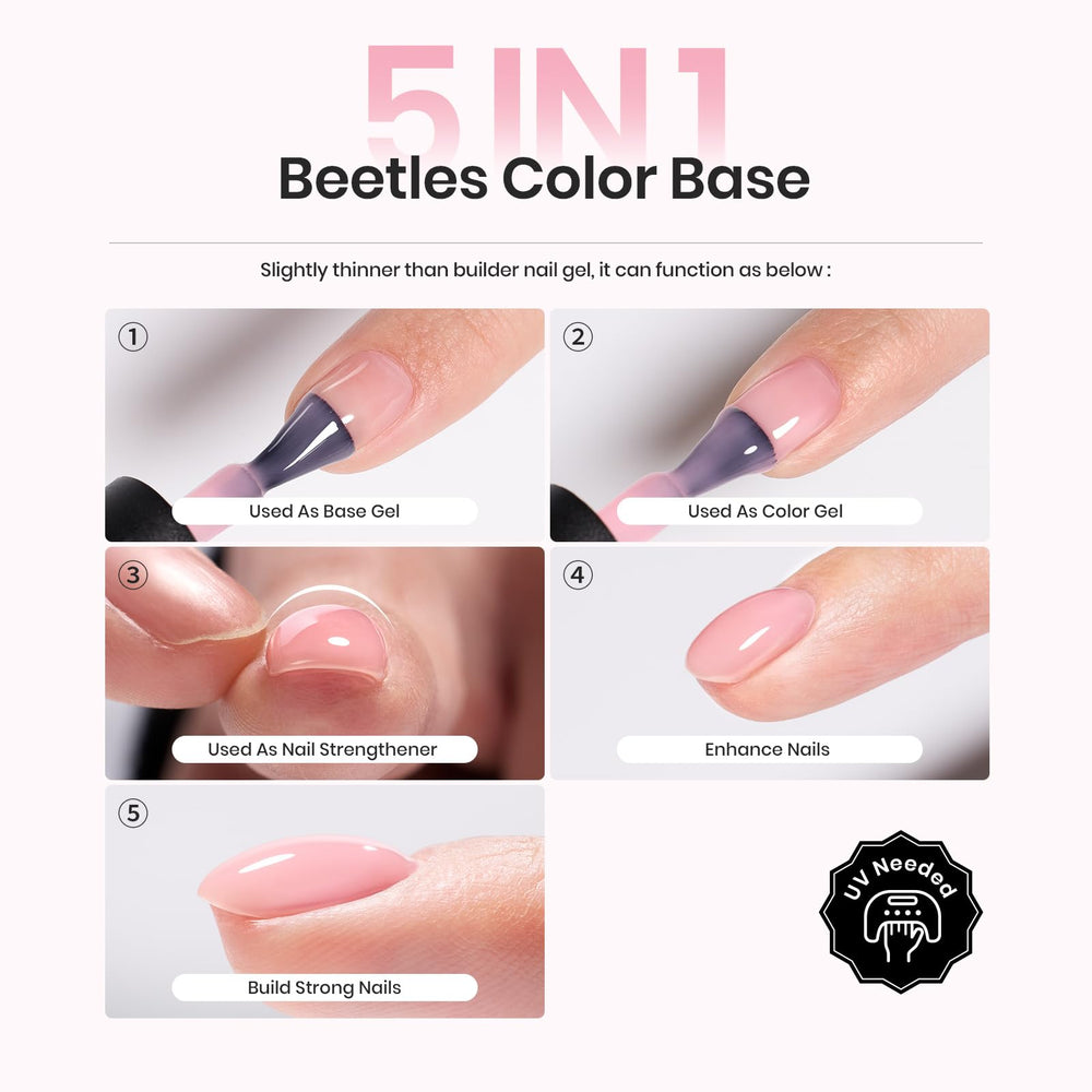 Beetles Rubber Base Gel swatches in nude pink show natural color options.
