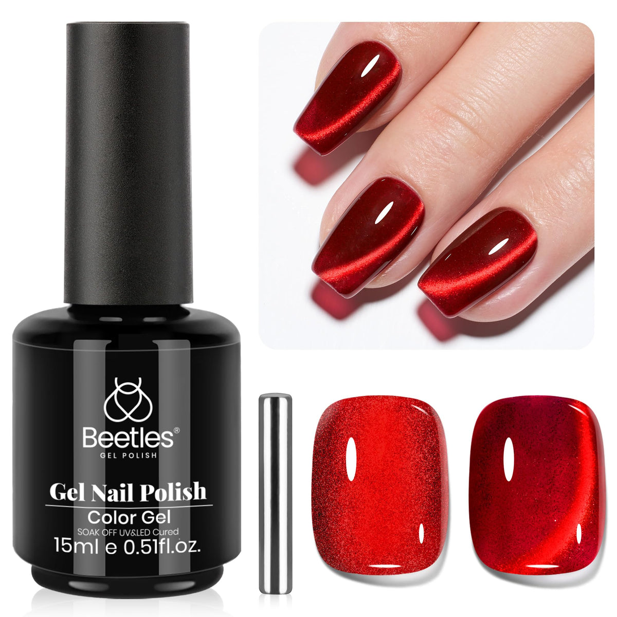Beetles Ruby Red Cat Eye gel polish bottle for salon-quality nails.