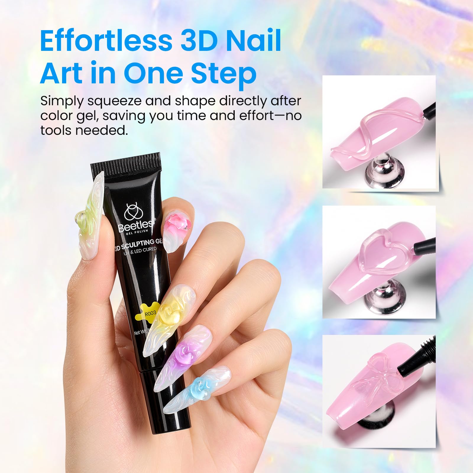 Beetles Sculpting Gel 3D – embossed-design step showing 3D nail art