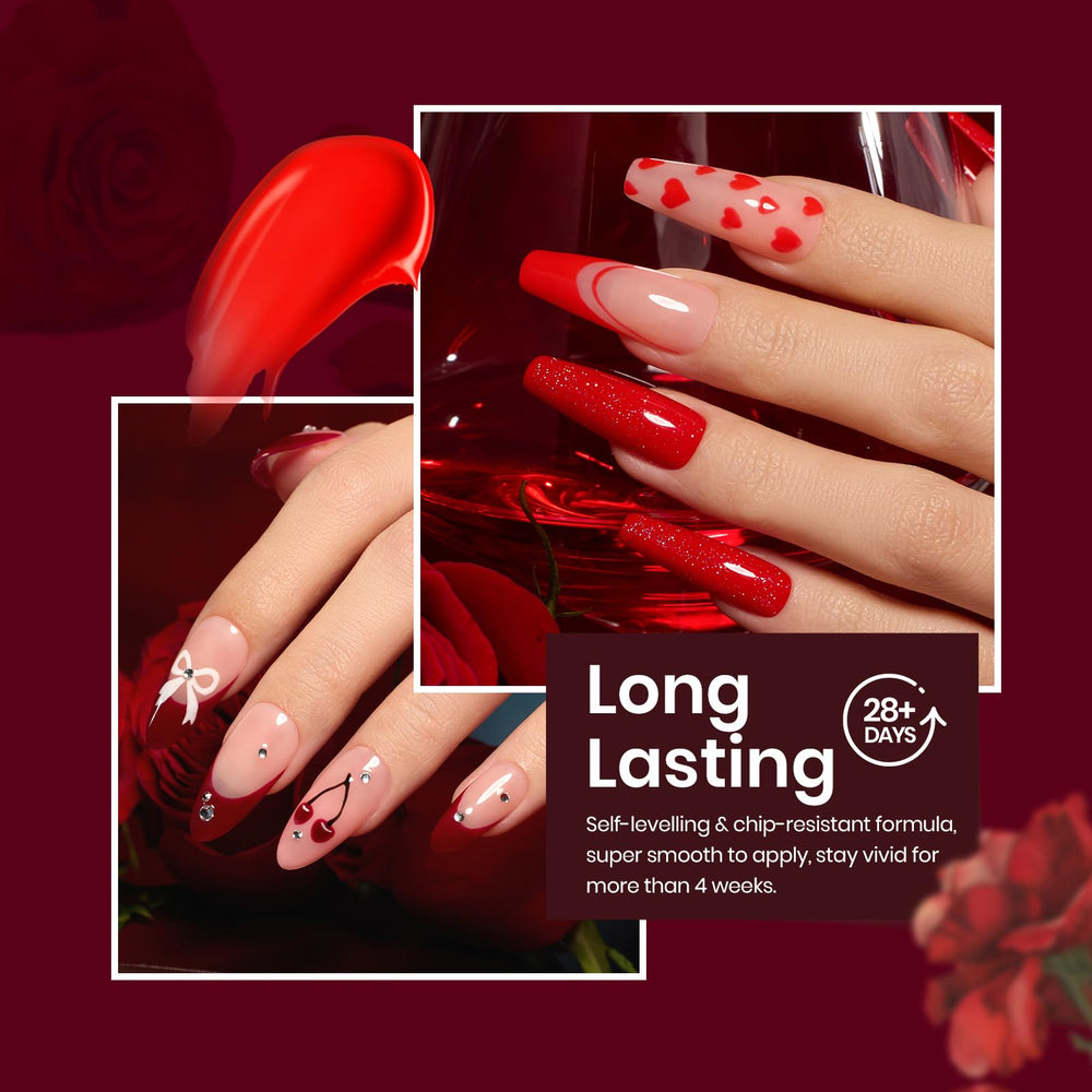 Beetles shimmering red gel polish swatch for festive nails.