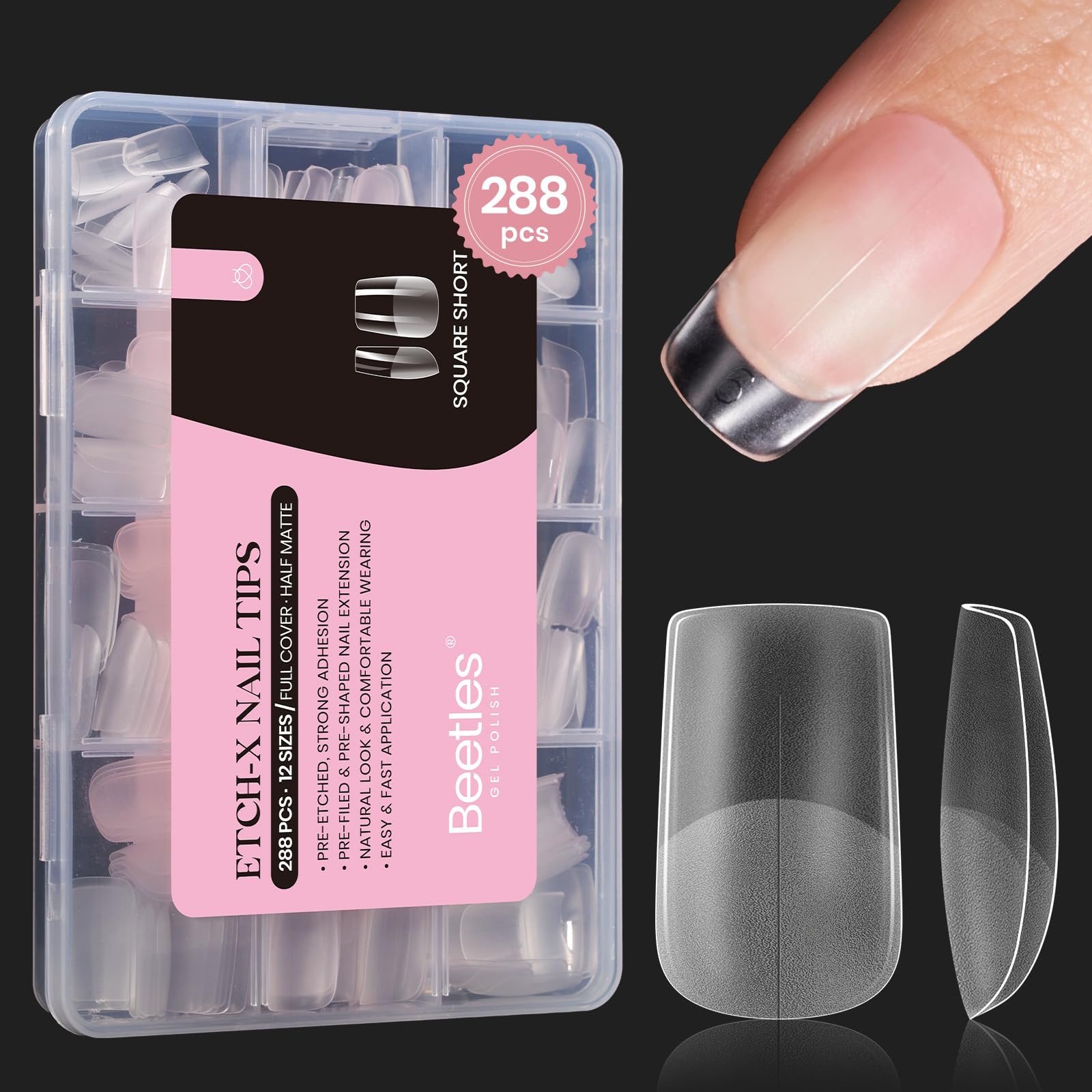 Beetles Short Square Nail Tips packaging shows 288 pieces for home DIY extensions