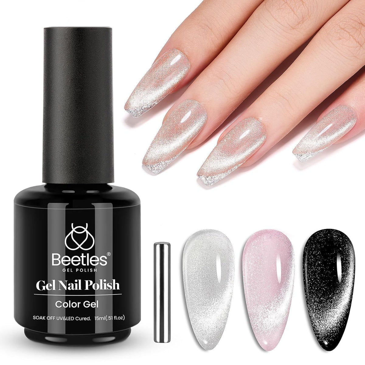 Beetles Silver Cat Eye Gel Polish bottle close-up showing magnetic shimmer for dramatic nails.