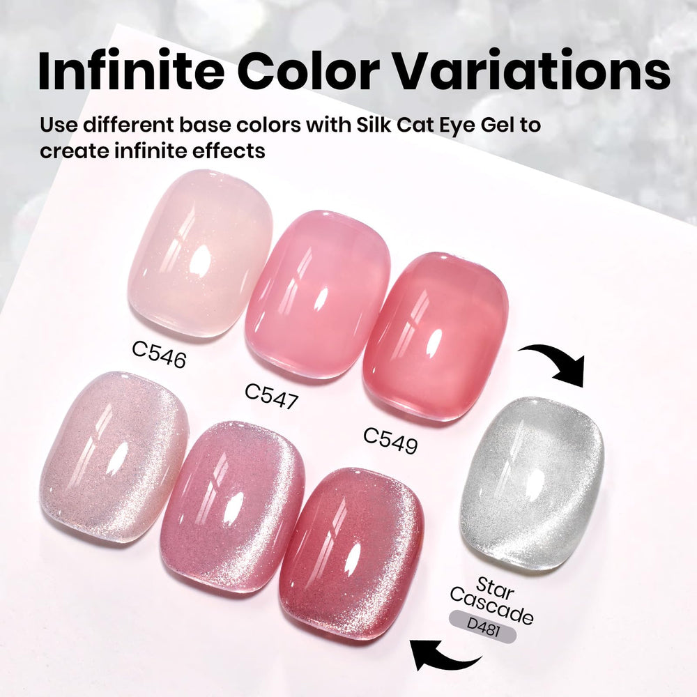 Beetles Silver Cat Eye Gel Polish layered over sheer color for multidimensional shine.