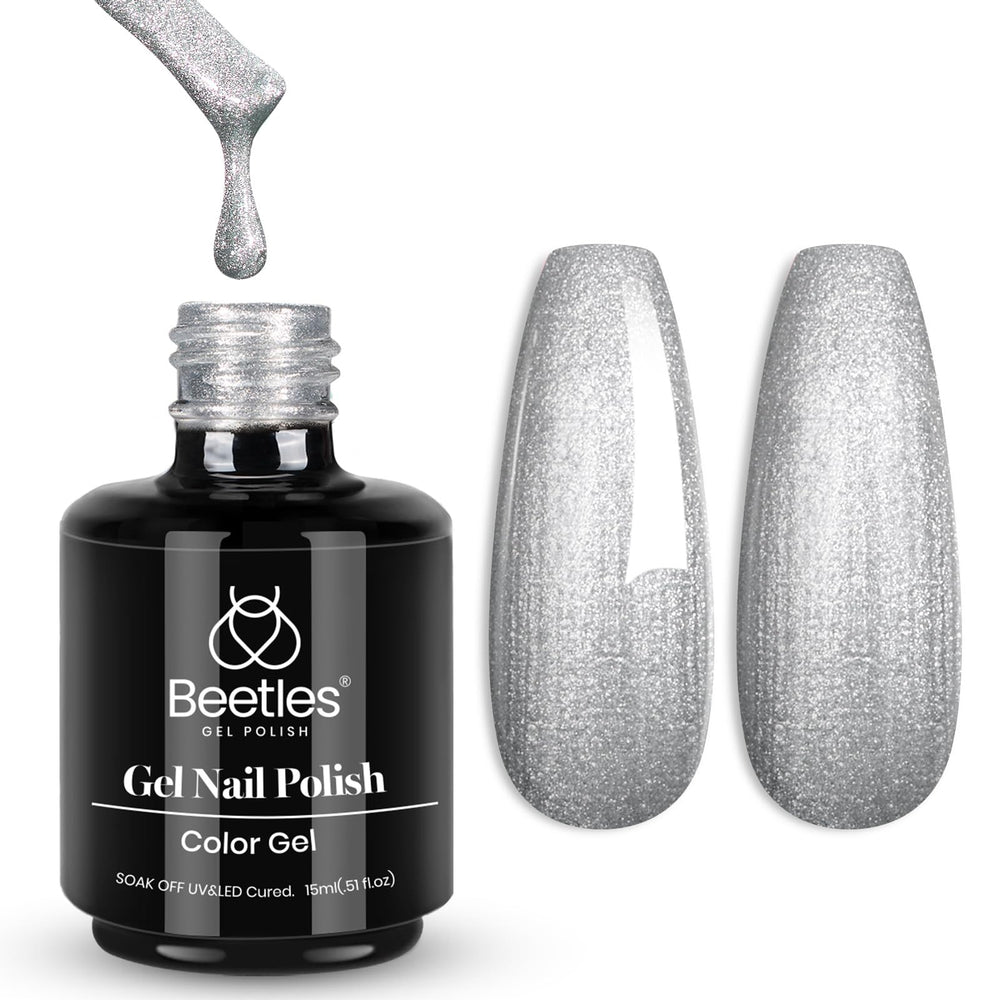 Beetles Silver Gel Polish bottle close-up showing mermaid shimmer for dazzling nails.