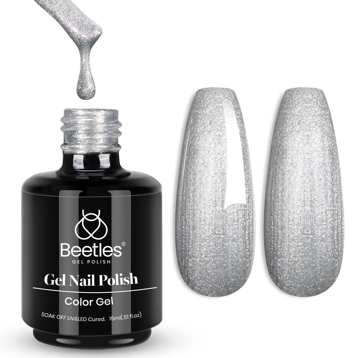 Beetles Silver Gel Polish bottle close-up showing mermaid shimmer for dazzling nails.