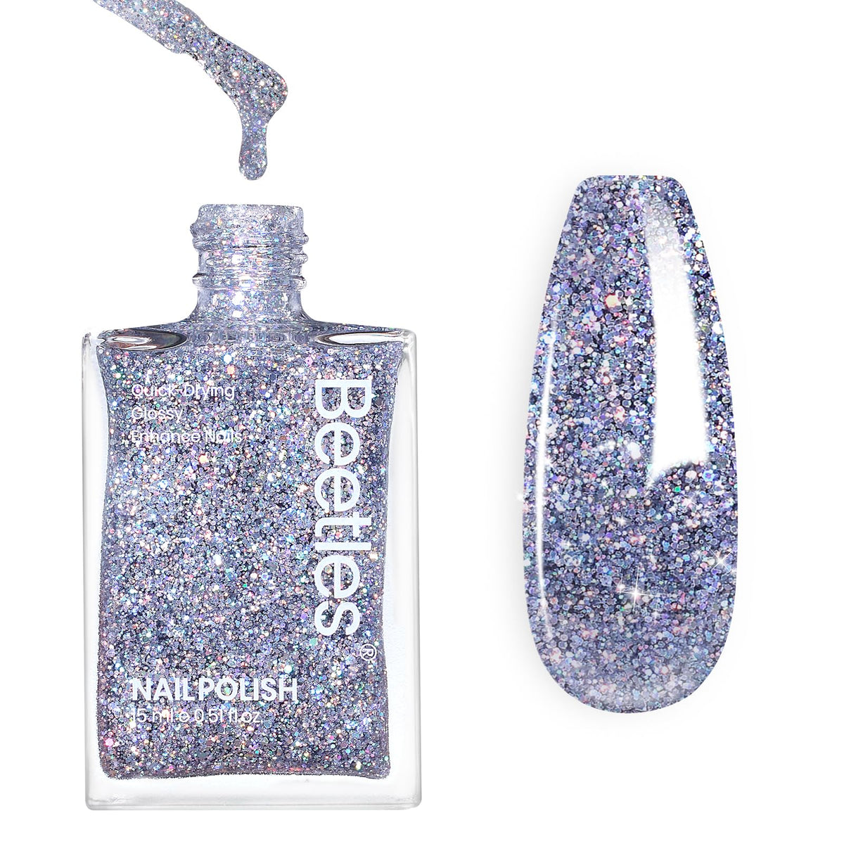 Beetles Gel Polish Silver Glitter bottle close-up shows quick-dry sparkle for festivals.