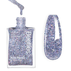 Beetles Gel Polish Silver Glitter bottle close-up shows quick-dry sparkle for festivals.
