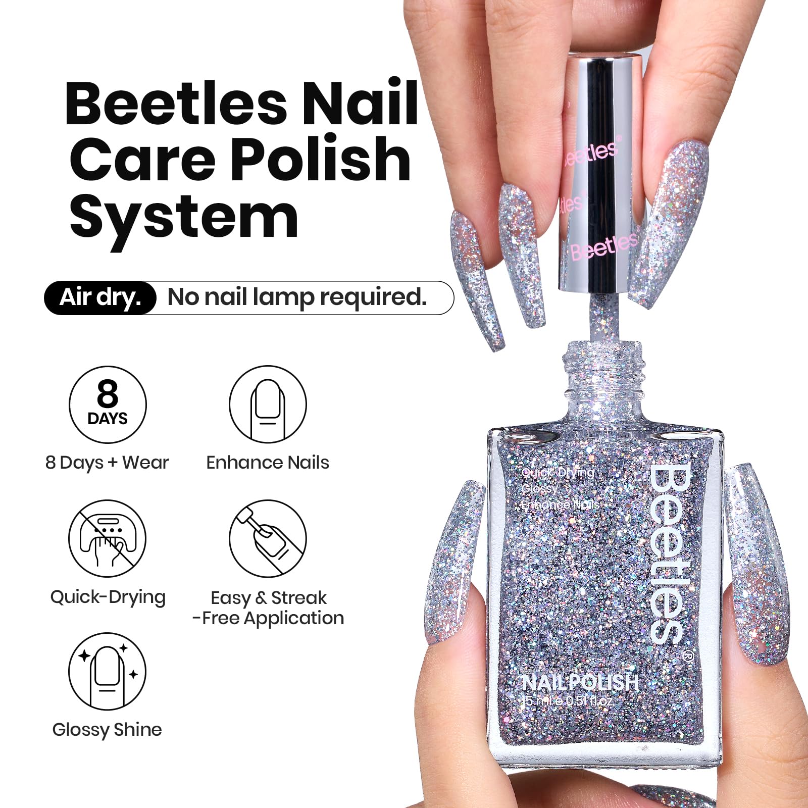 Beetles Gel Polish Silver Glitter swatch on a nail with dazzling holographic shimmer.