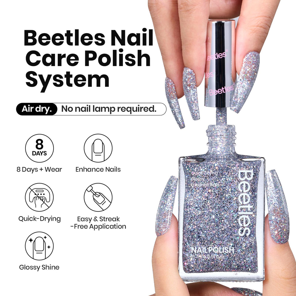 Beetles Gel Polish Silver Glitter swatch on a nail with dazzling holographic shimmer.