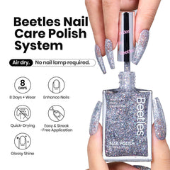 Beetles Gel Polish Silver Glitter swatch on a nail with dazzling holographic shimmer.