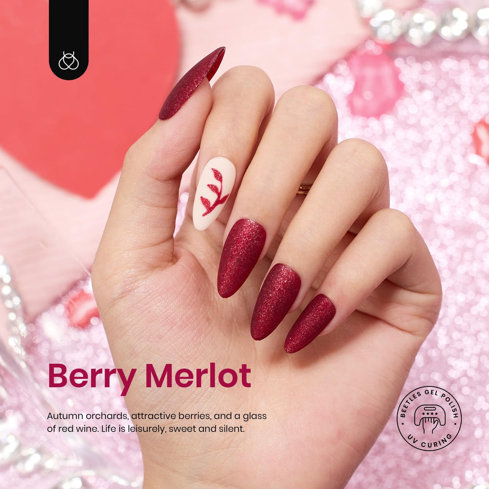 Beetles sparkle red shade bottle emphasizes shimmer finish for eye catching party nails