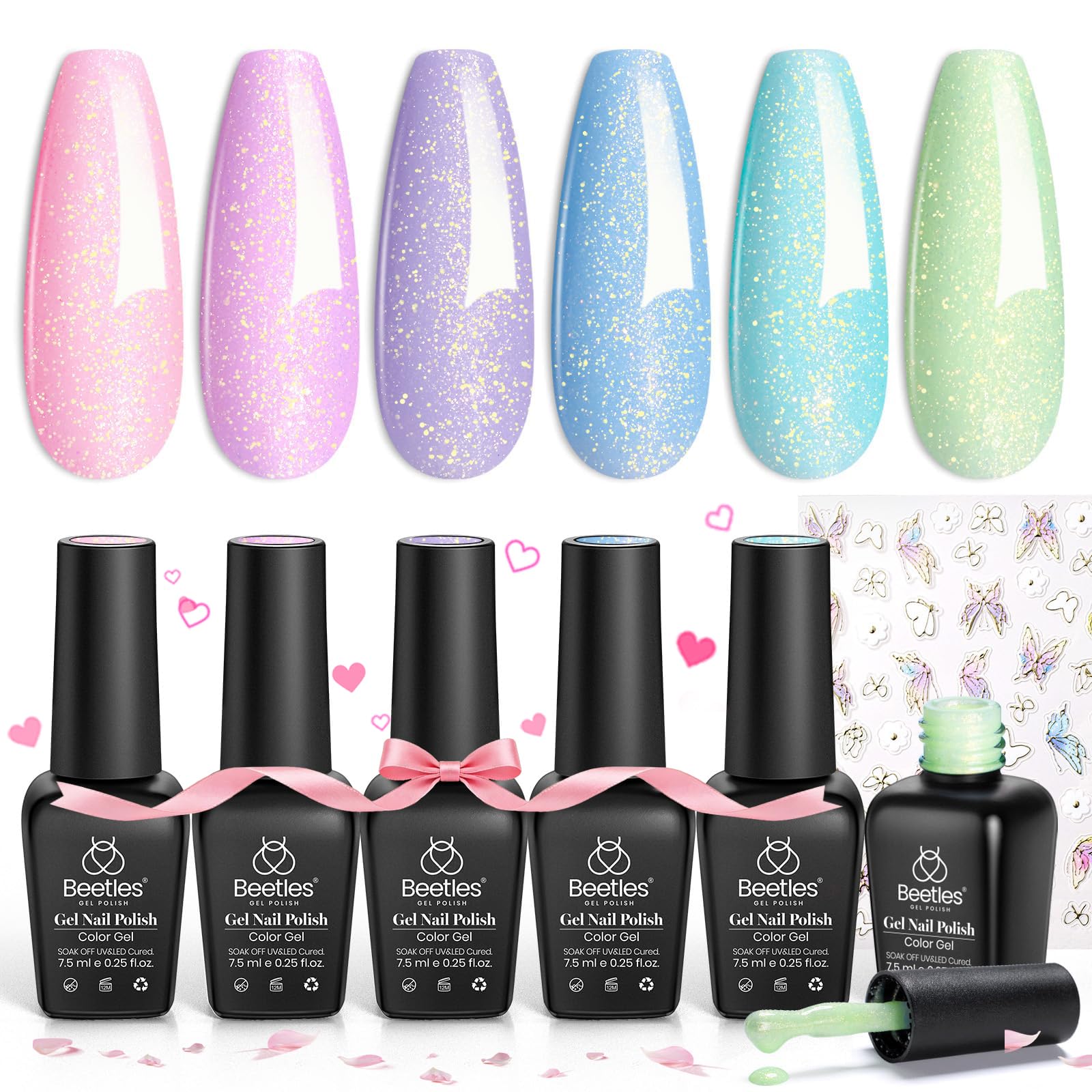 Beetles Spring Gel Polish Set with six color bottles for a vibrant manicure