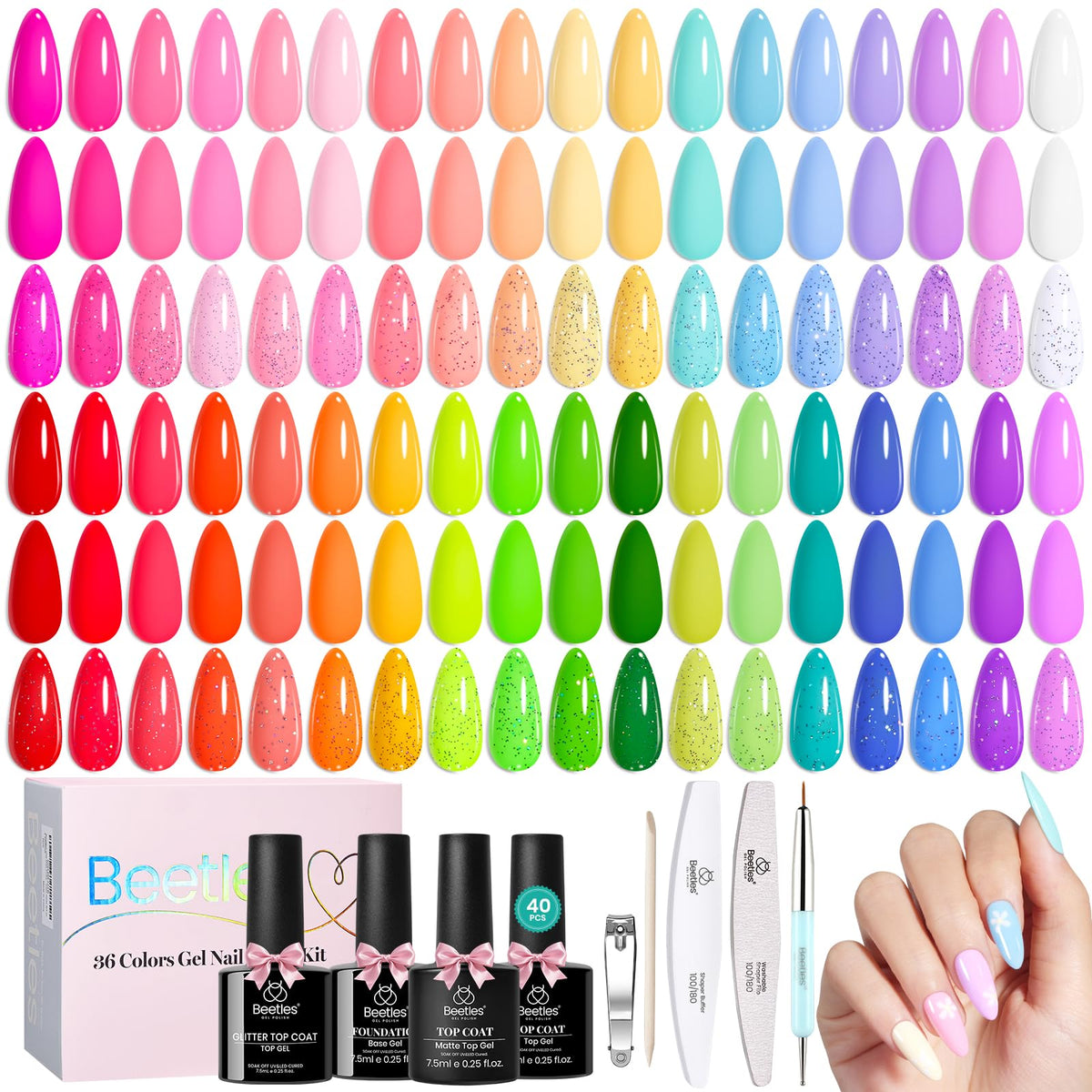 Beetles Spring Gel Polish Set showcases 36 neon colors for vibrant nail art.