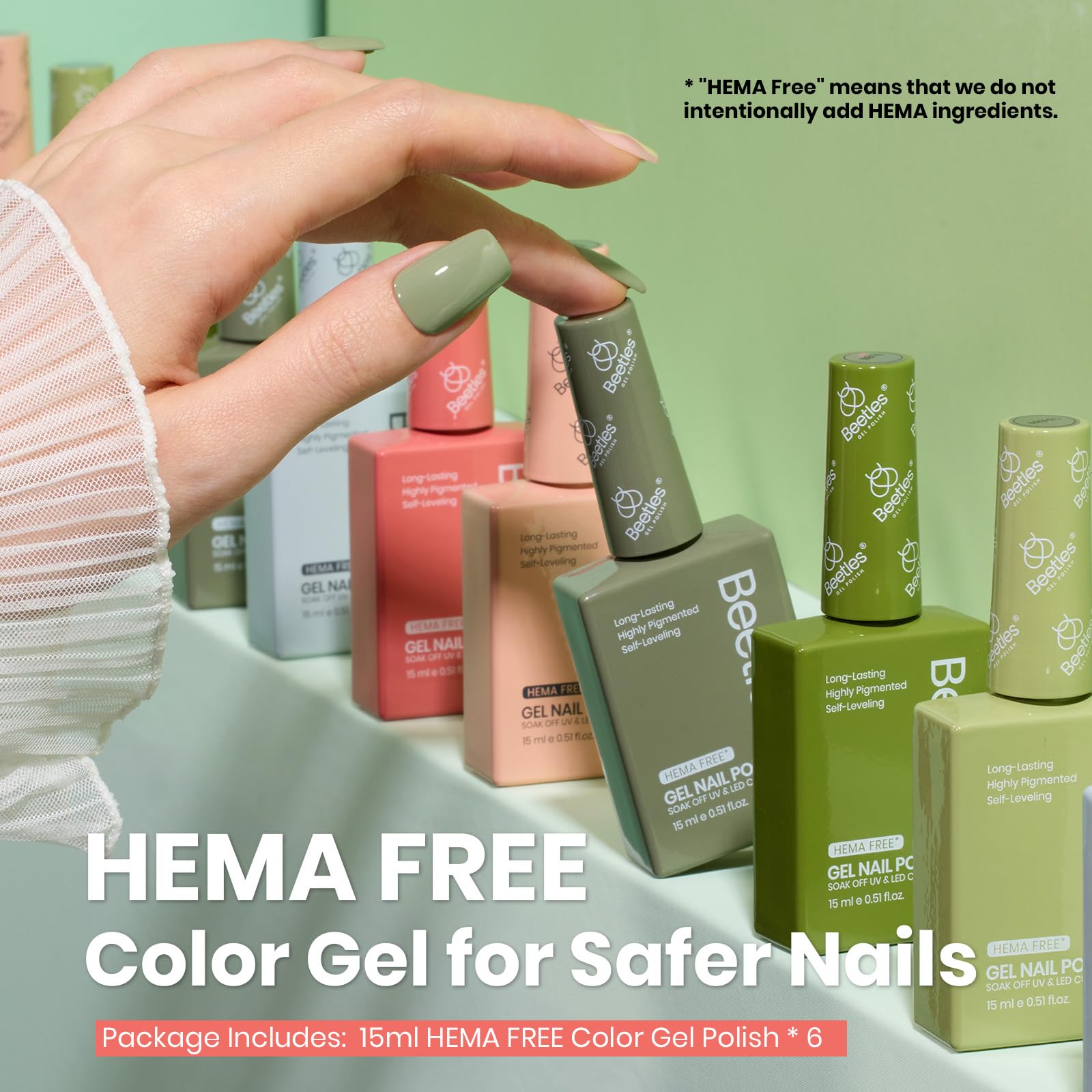Beetles Spring gel polish set bottles aligned for quick color selection.