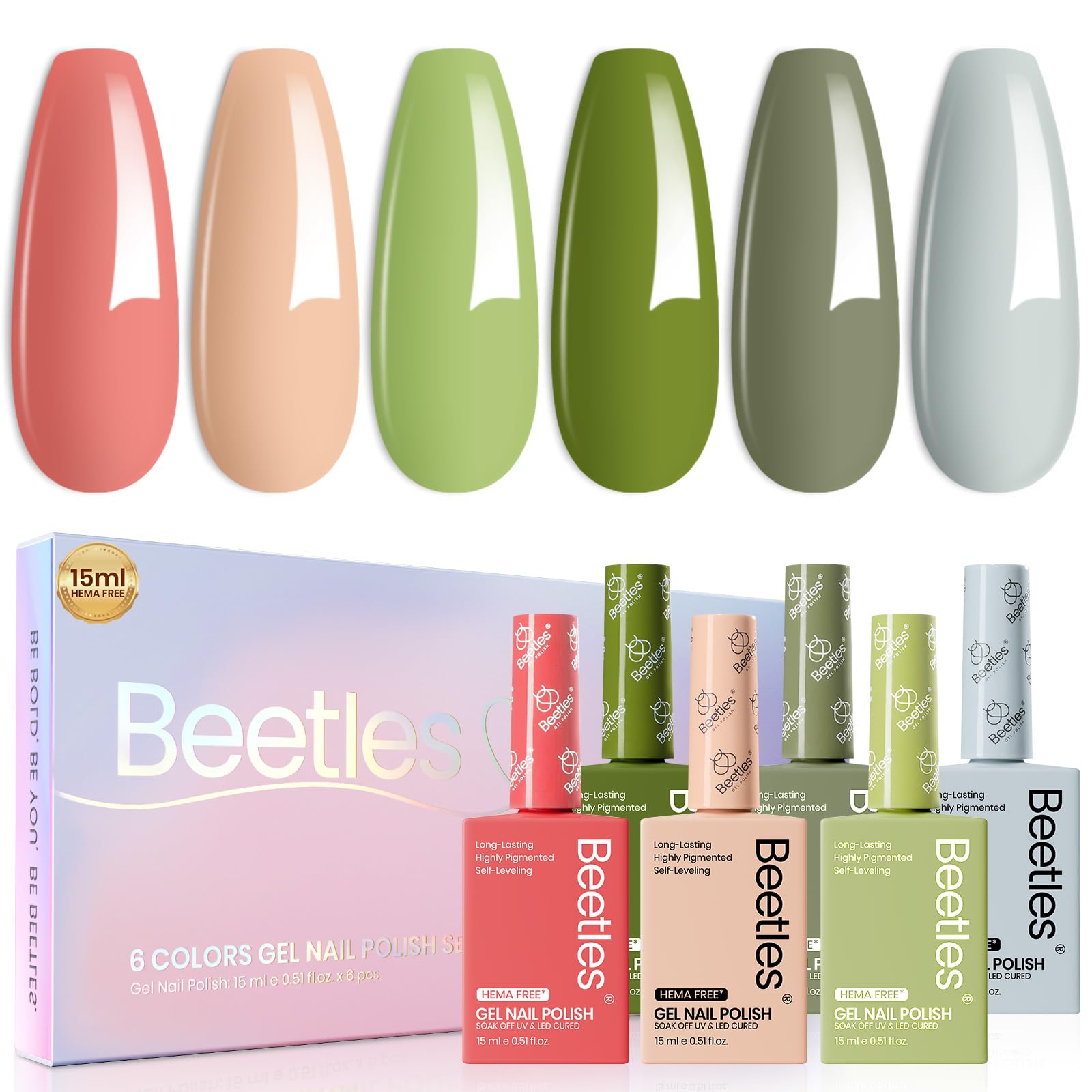 Beetles Spring gel polish set packaging shows six colors for easy home manicures.