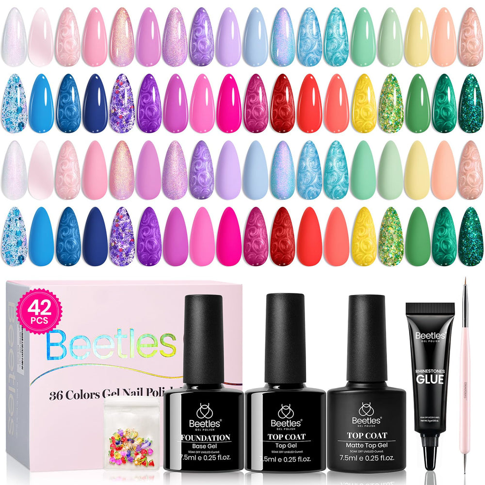 Beetles 36-color gel polish set bottles show vibrant spring shades for salon-quality nails.