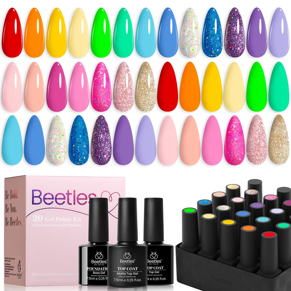 Beetles Summer Gel Nail Polish Set colors green pink blue glitter nude for vibrant nails.