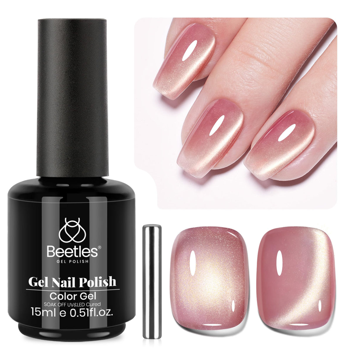 Beetles Sunlit Champagne Pink Cat Eye gel polish with glass effect for radiant nails