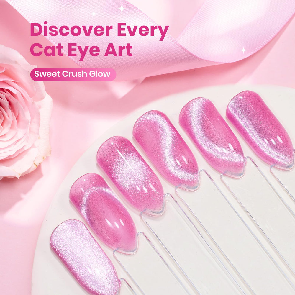 Beetles Sweet Crush Glow Pink Cat Eye with glossy finish on nails