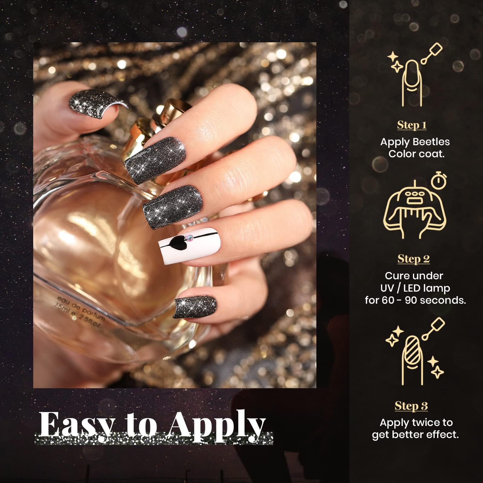 Beetles Thick-pigment black gel cures in 90–120 seconds with a 24W lamp.