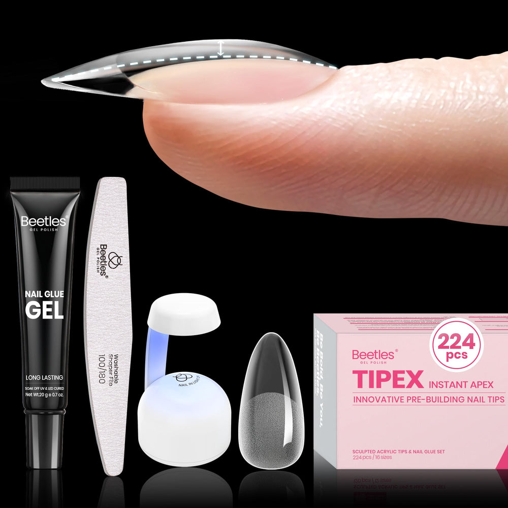 Beetles Tipex gel nail kit with 224 tips for salon-ready extensions.