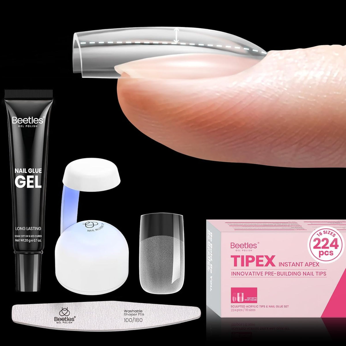 Beetles Tipex Instant Apex Kit with short square tips for at-home extensions.