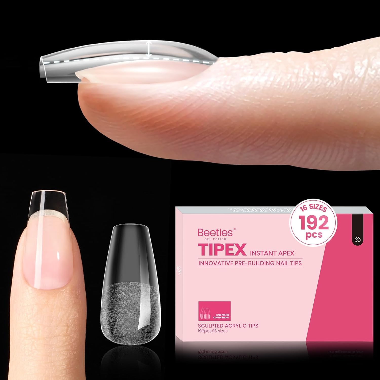 Beetles Tipex Instant Apex Nail Tips – 192-piece set with 16 sizes for professional strength