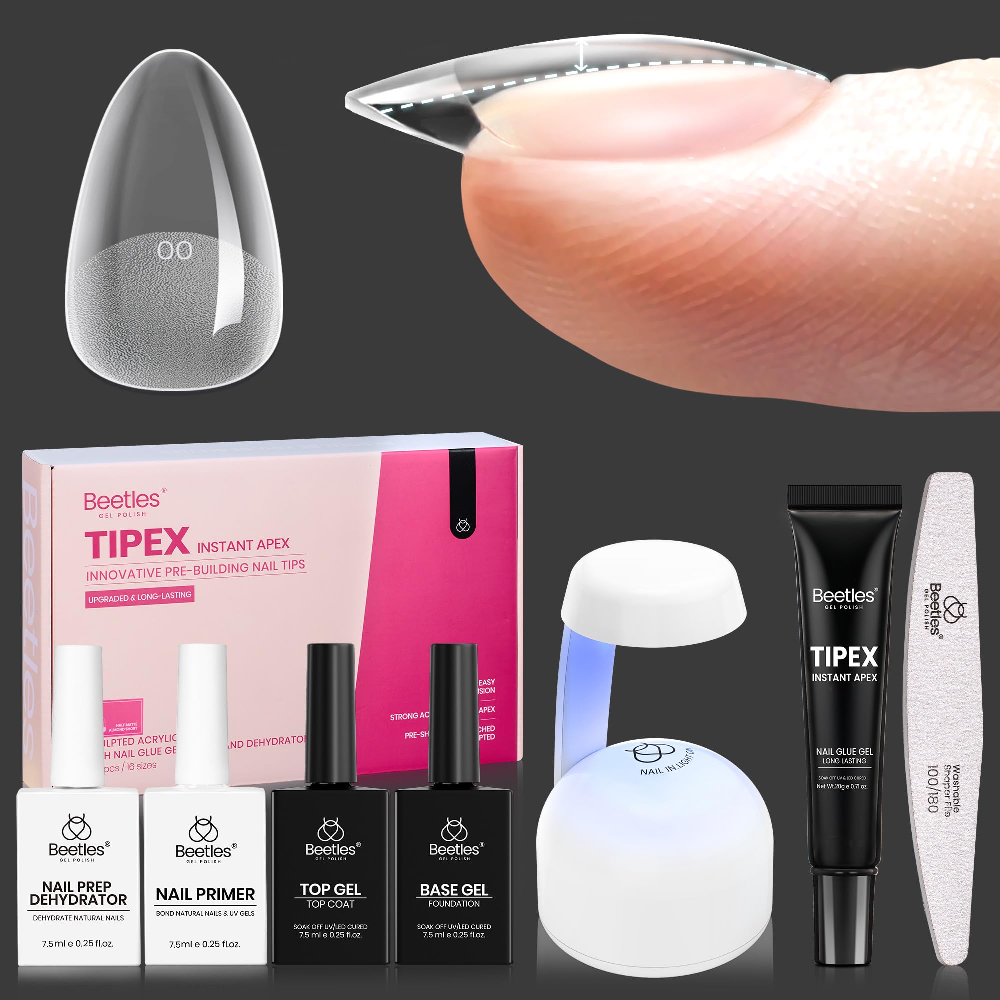 Beetles Tipex Instant Apex Nail Tips Kit with almond short tips for strong extensions.
