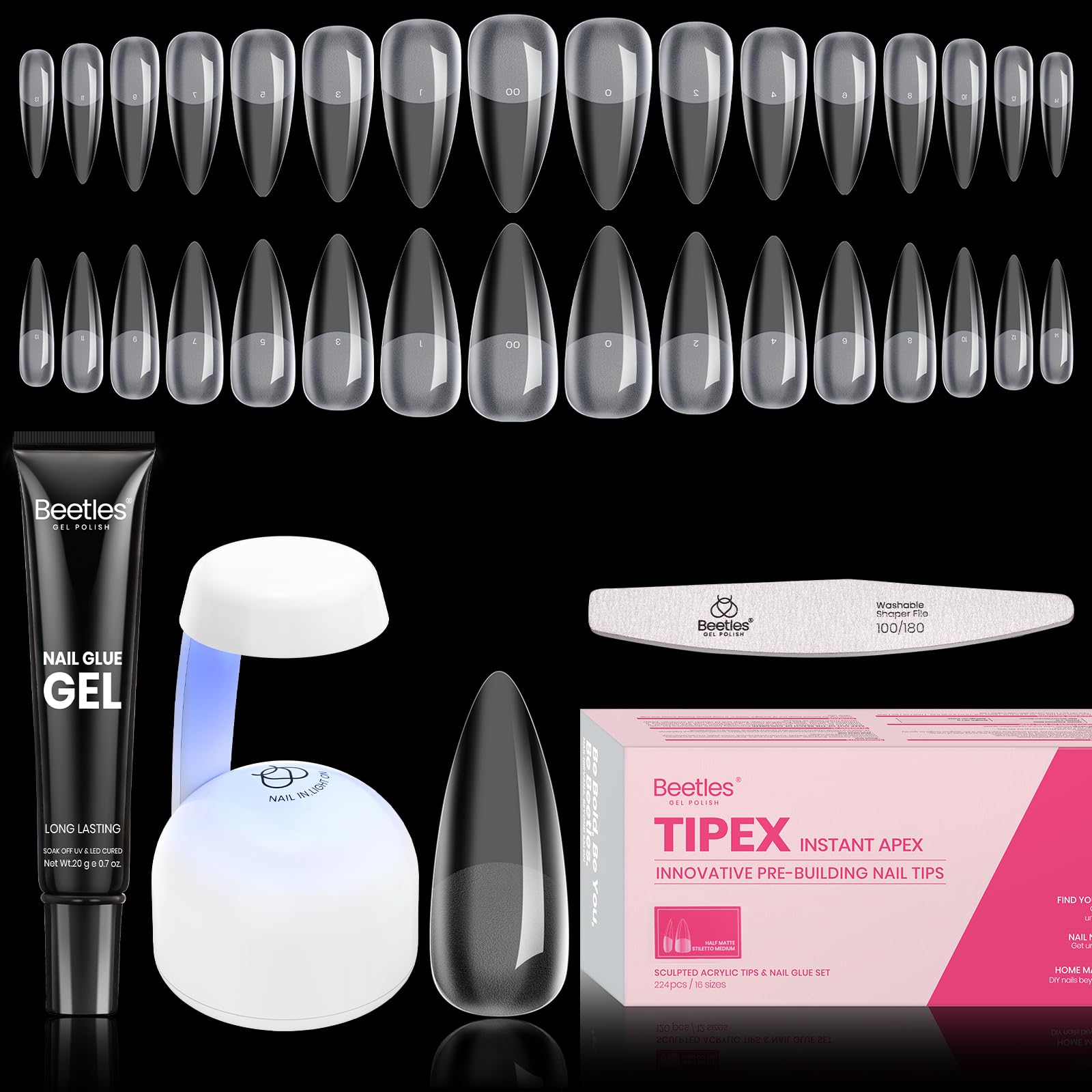 Beetles Tipex Instant Apex Nail Tips Kit close‑up shows strong apex for durable extensions