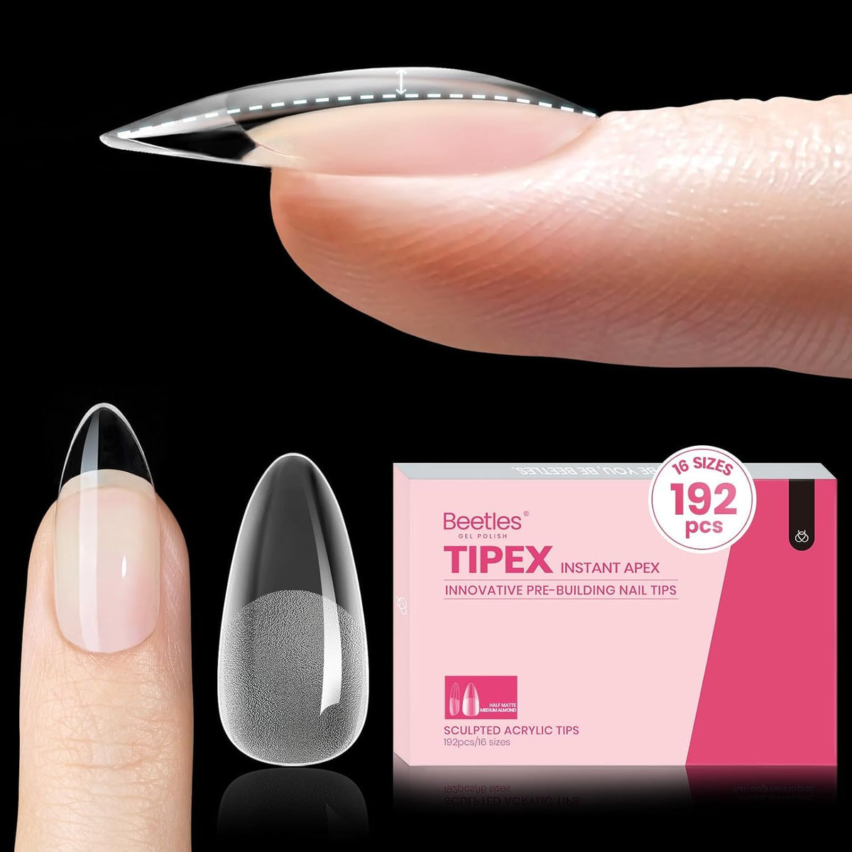 Beetles Tipex almond medium tip set with 192 pieces for strong apex.