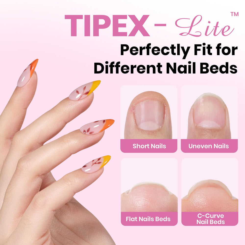 Beetles Tipex Lite almond tips aligned to natural fit and seamless blending