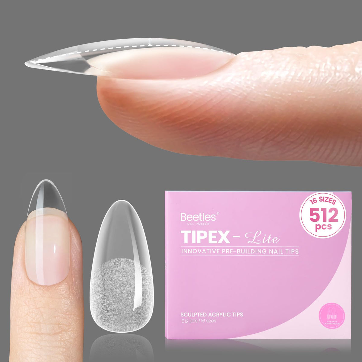 Beetles Tipex Lite almond medium tips front view for natural salon-ready wear