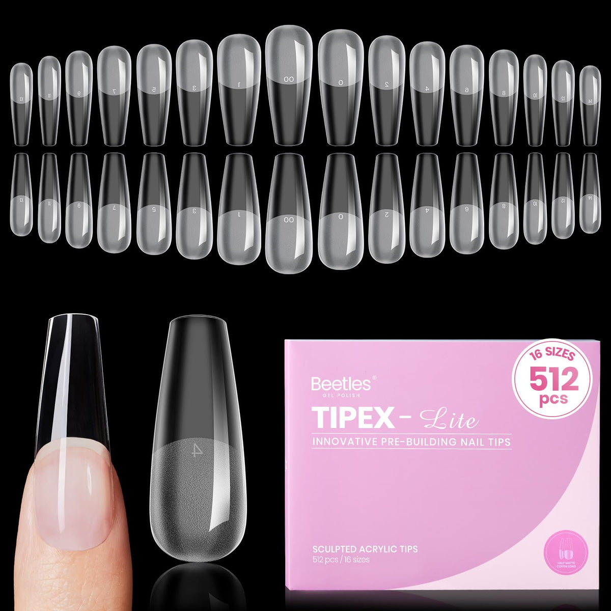 Beetles Tipex Lite coffin long tips with pre-built apex for quick, durable extensions.