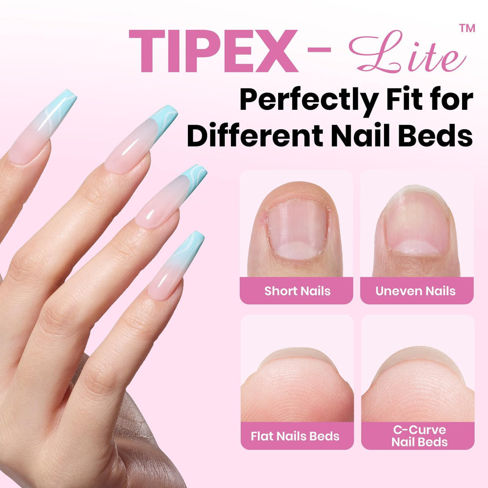 Beetles Tipex Lite coffin long tips highlighting natural fit on flat nails.