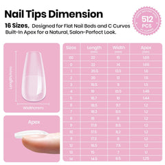 Natural-fit coffin short tips blend with nail beds for seamless results.