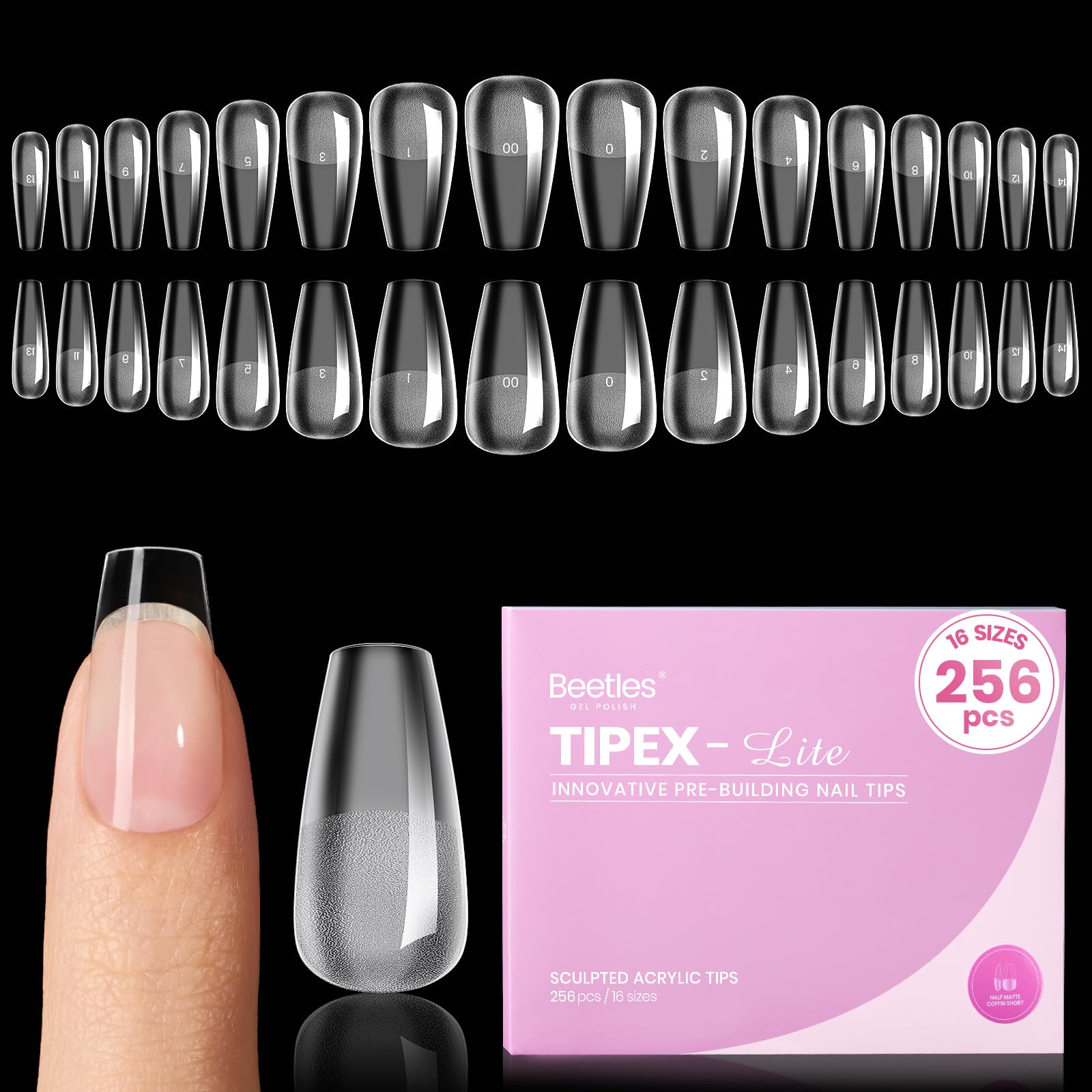 Beetles Tipex Lite apex nail tips front view showing natural fit and shape