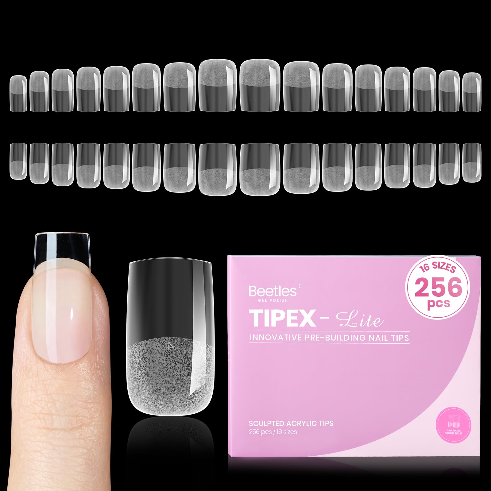 Beetles Tipex Lite Apex Nail Tips pack shot with natural-fit look for quick DIY sets.