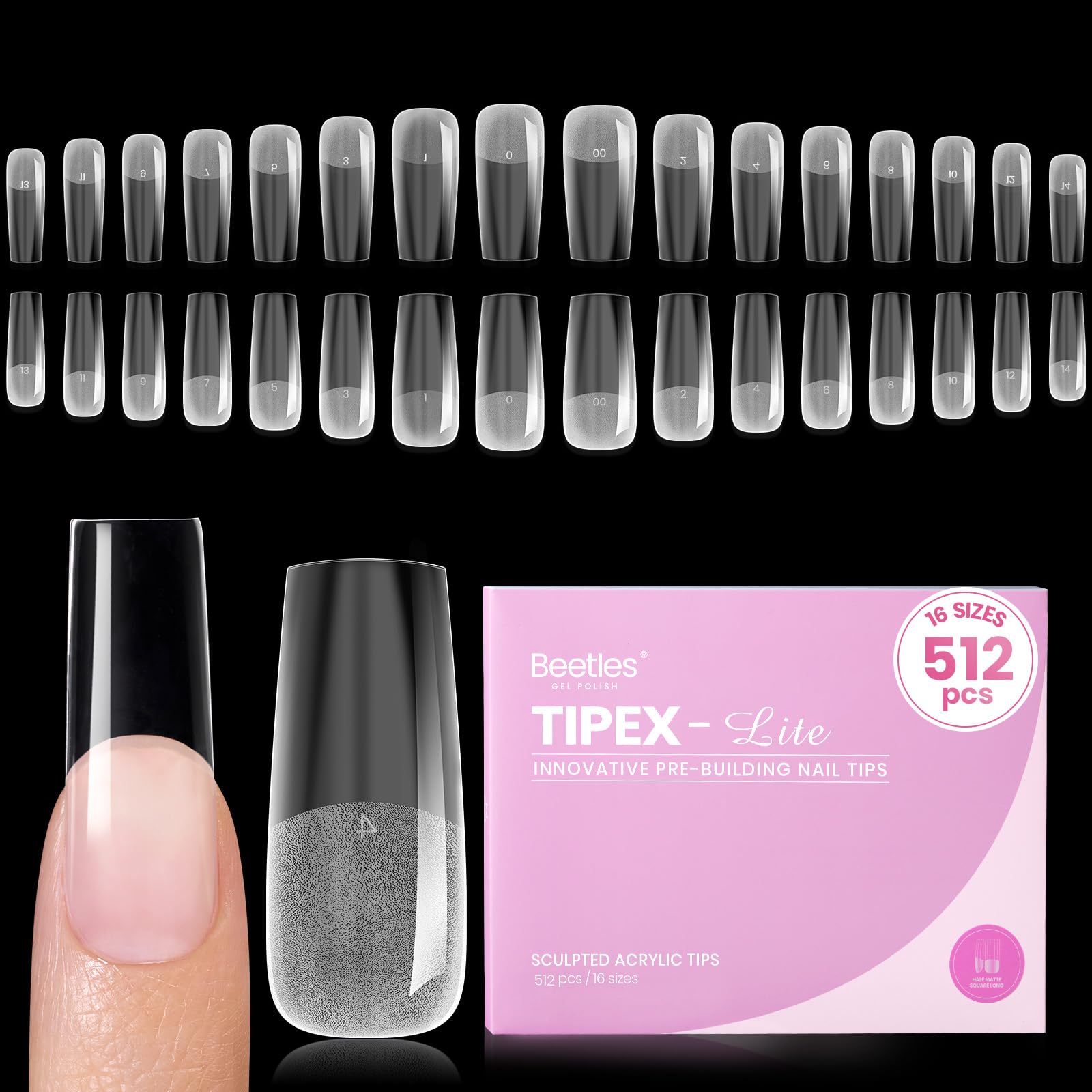 Beetles Tipex Lite Apex Nail Tips in square-long shape for natural, durable wear.