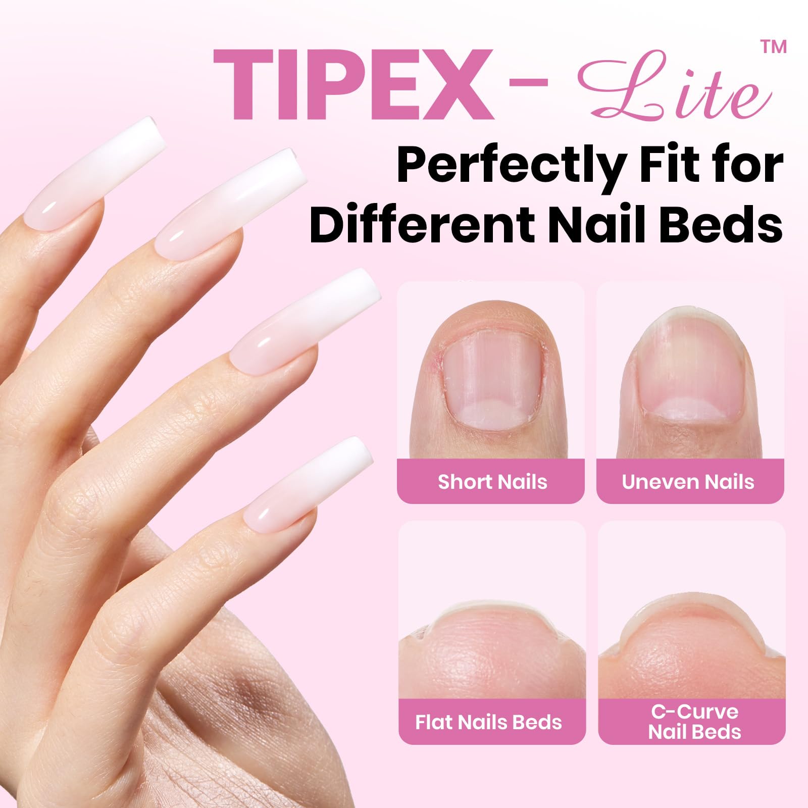 Beetles Tipex Lite square long tips ready for precise application on natural nails.