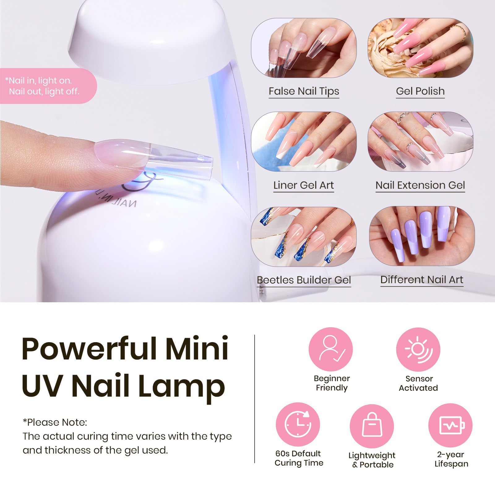 Beetles Tipex mini UV lamp speeds curing for extensions.