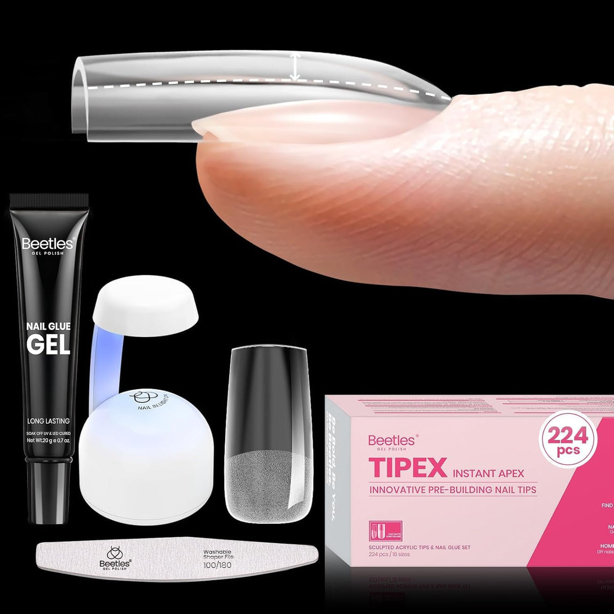 Beetles Tipex nail tips with 224 pre-shaped pieces for secure, long-lasting extensions.