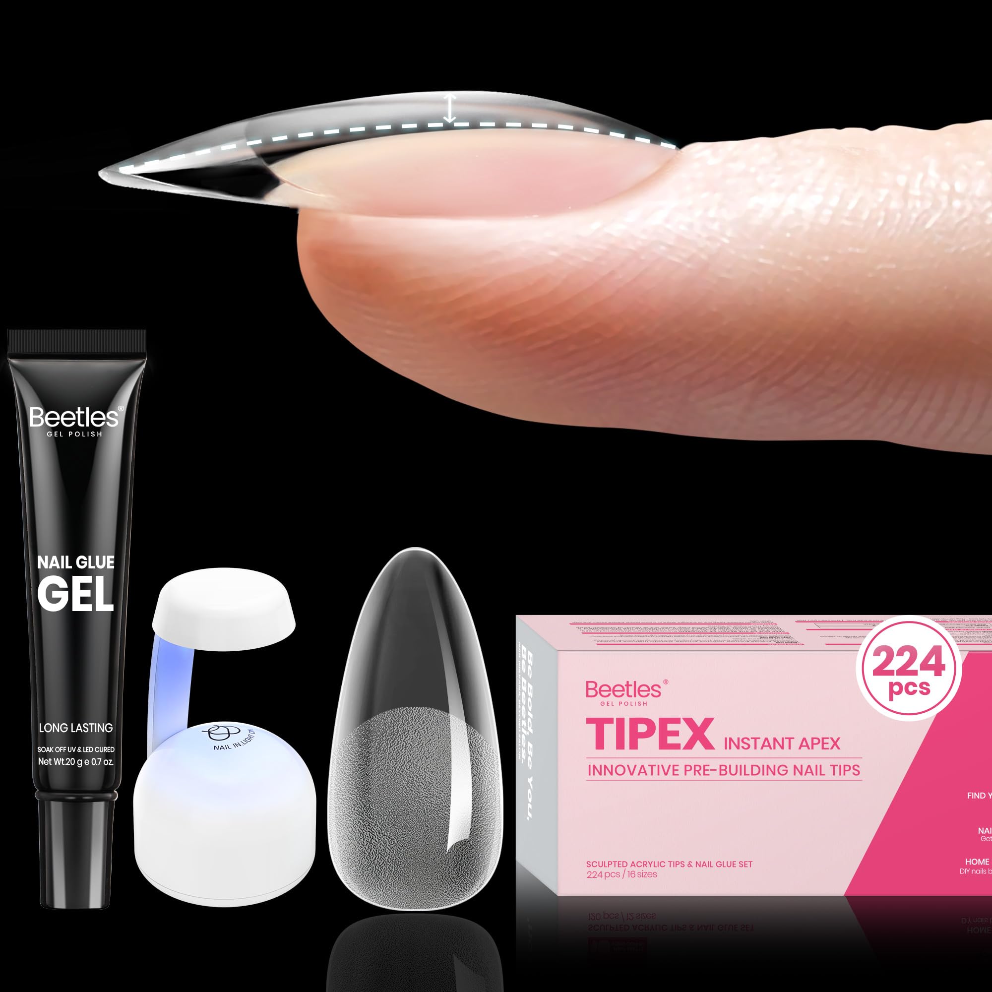 Beetles Tipex almond medium nail tips with defined apex for longer wear.