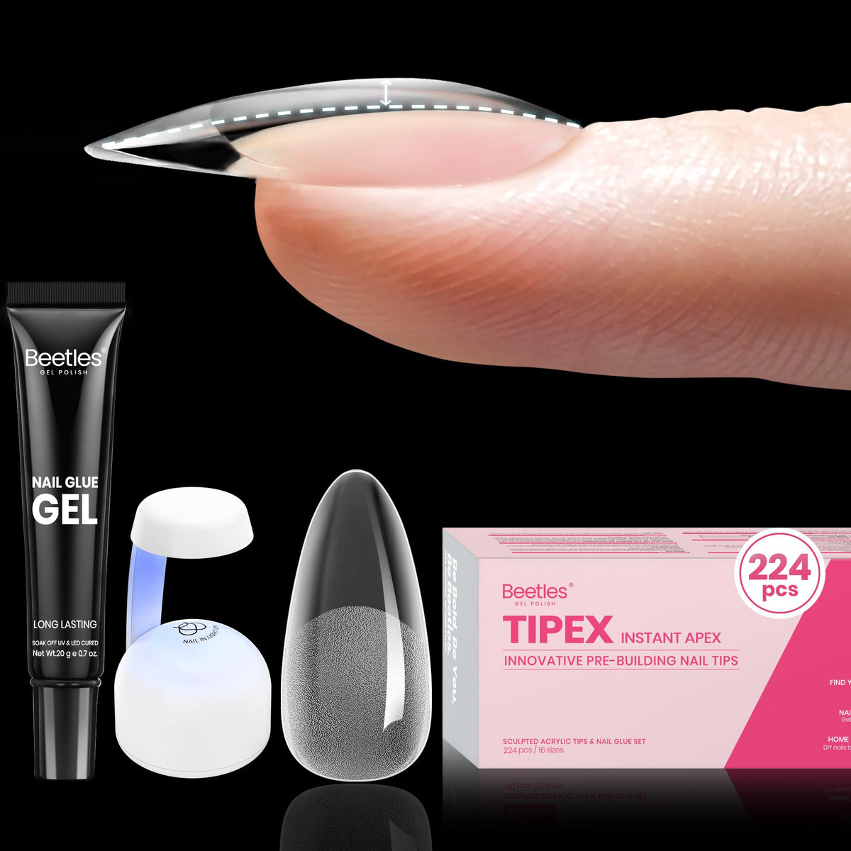 Beetles Tipex almond medium nail tips with defined apex for longer wear.