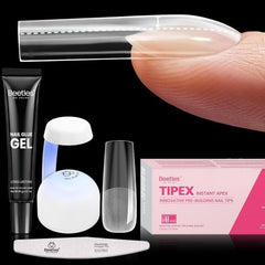 Beetles Tipex tips assembly demonstrates pre-shaped tips for precise at-home extensions.